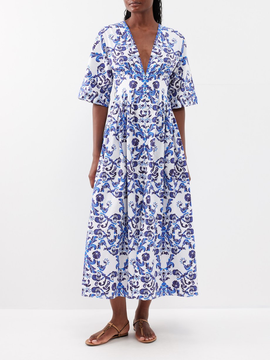 Blue Elowen V-neck abstract-print cotton-poplin dress | Emilia ...