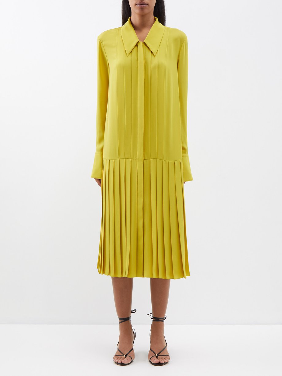 Yellow Helli pleated silk-georgette shirt dress | Khaite ...
