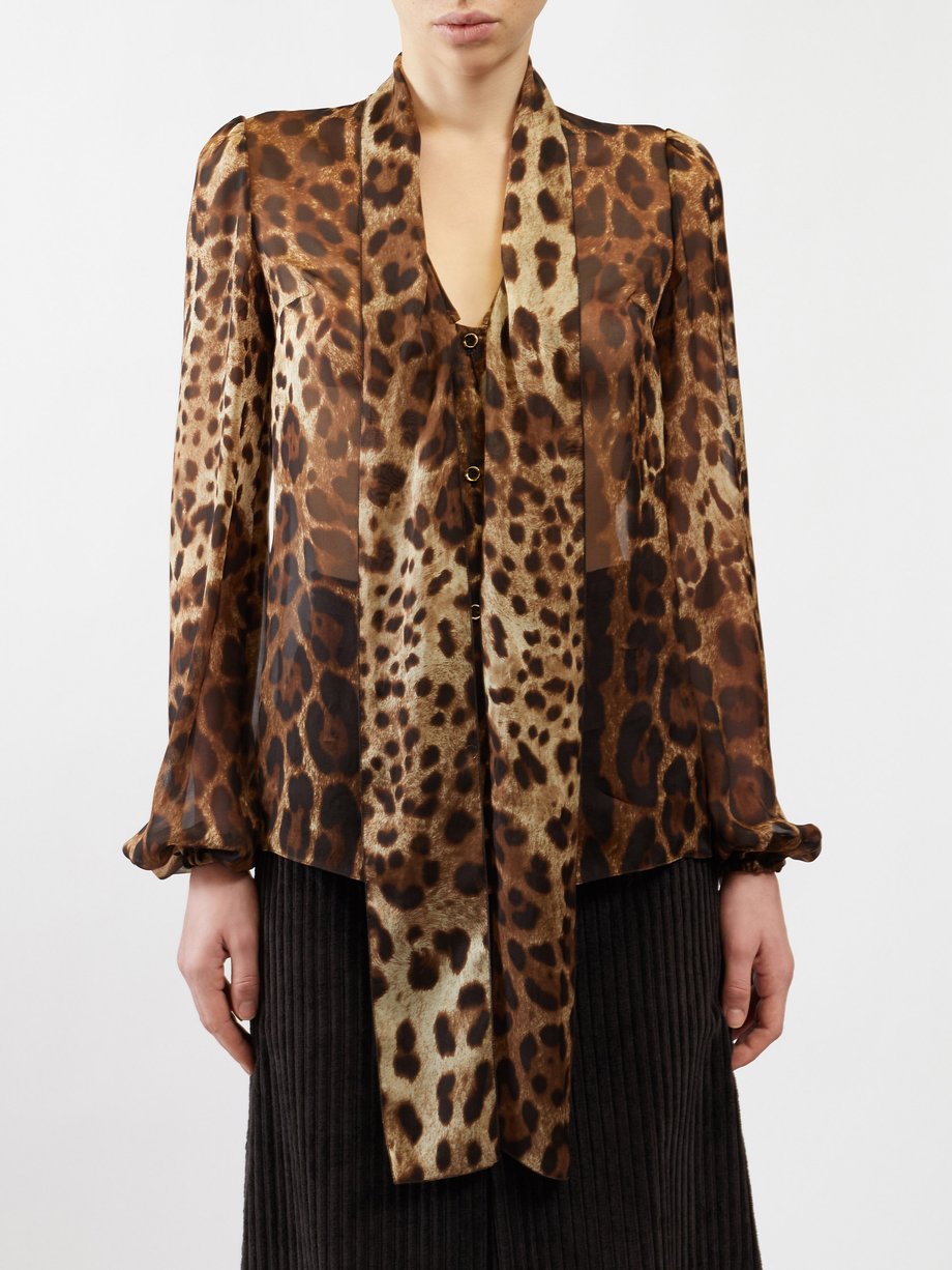 Beige Pussy-bow leopard-print silk-chiffon shirt