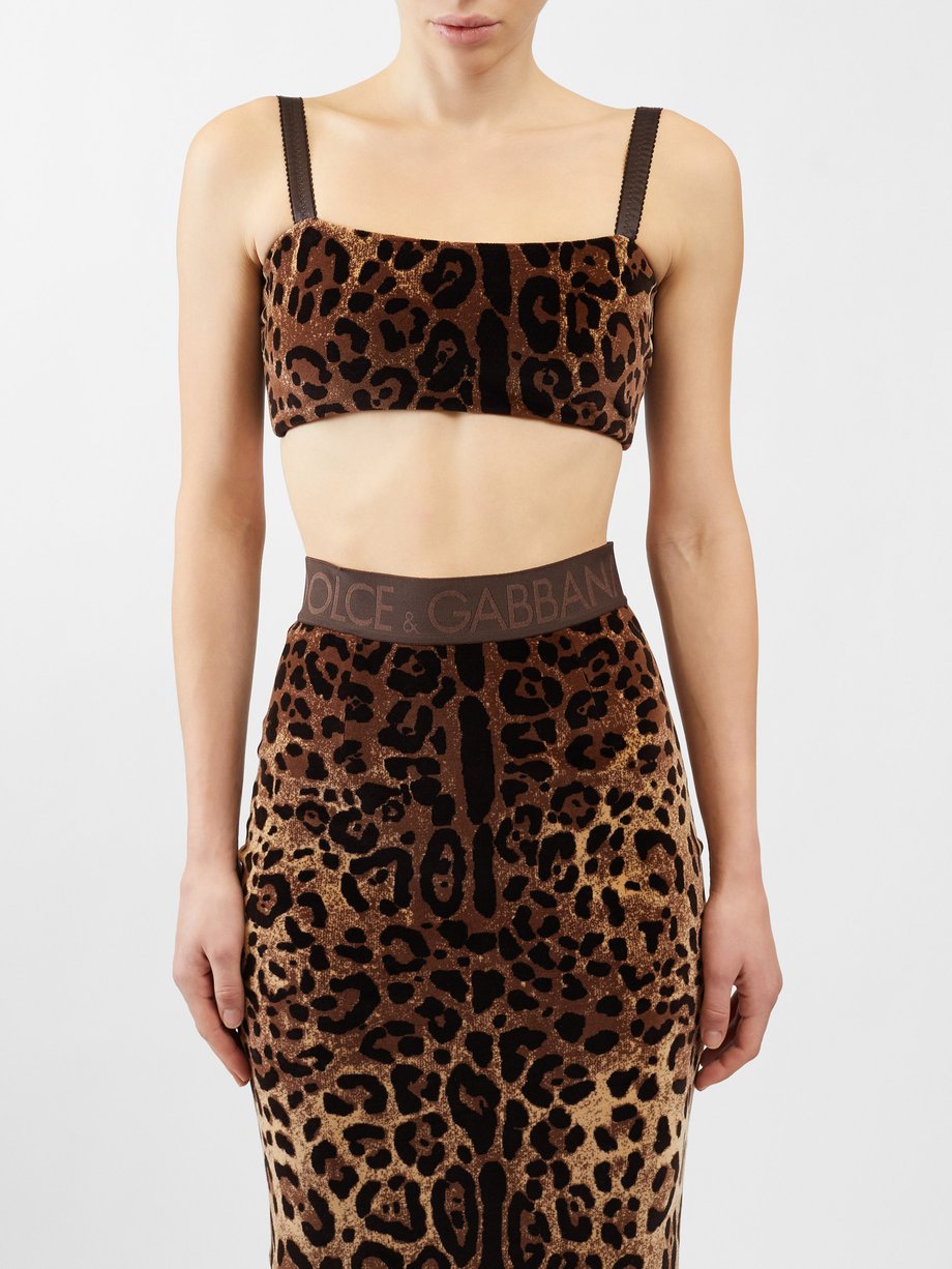 Brown Leopard-jacquard cotton-blend chenille cropped top