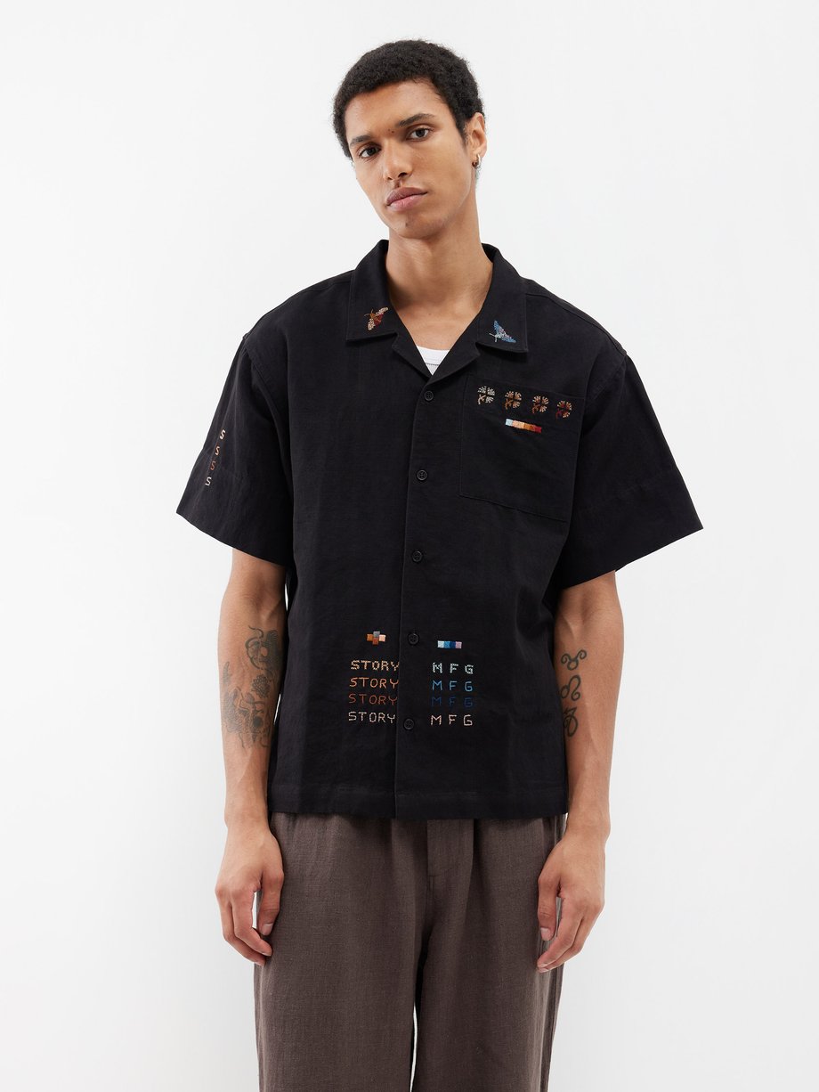 Black Greetings embroidered woven-cotton shirt | Story MFG