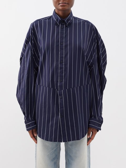 Navy Twisted-seam striped cotton-blend oversized shirt