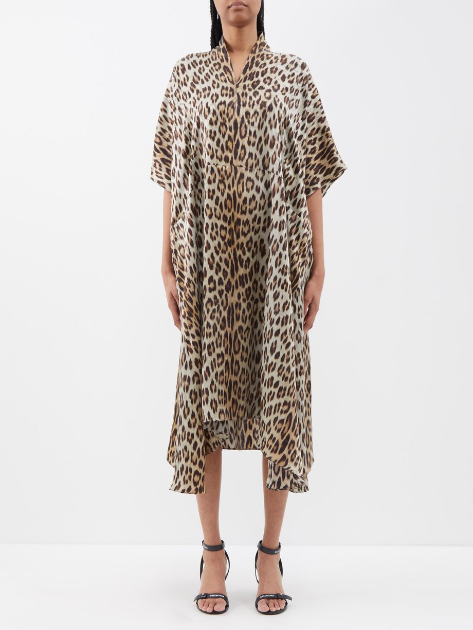 Beige Oversized leopard-print silk-satin midi dress | Balenciaga ...