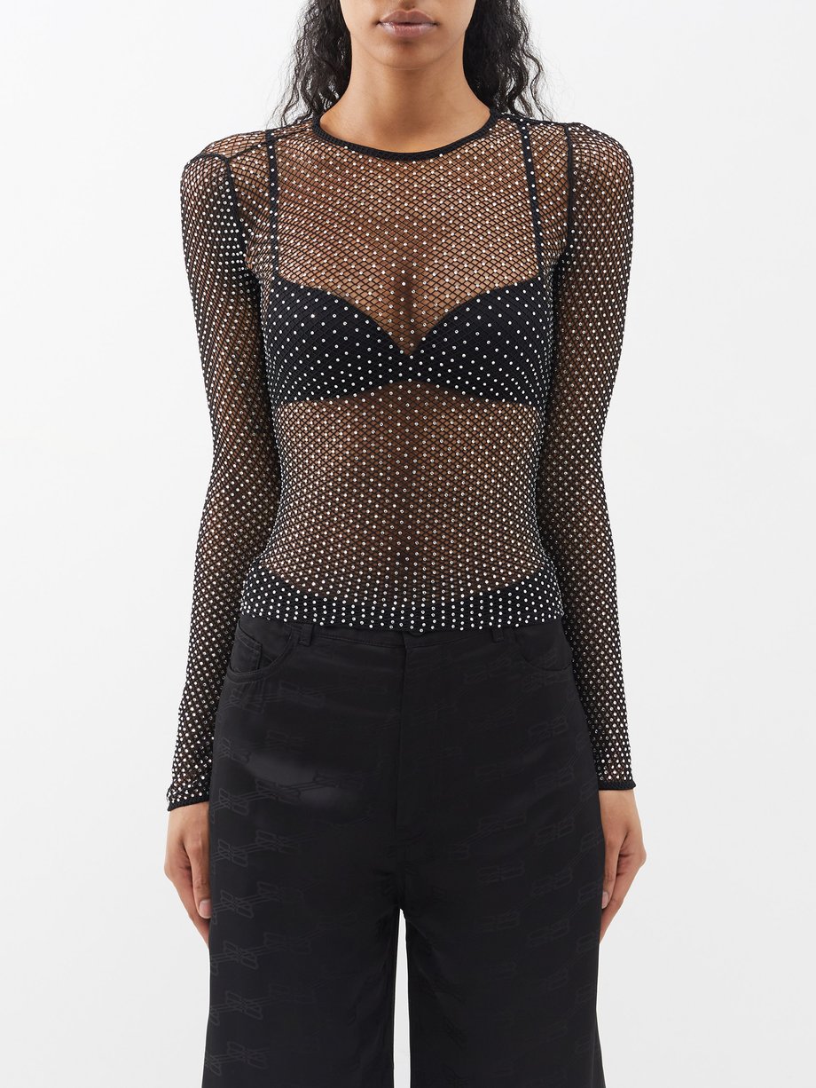 Black Crystal-embellished mesh top, Balenciaga