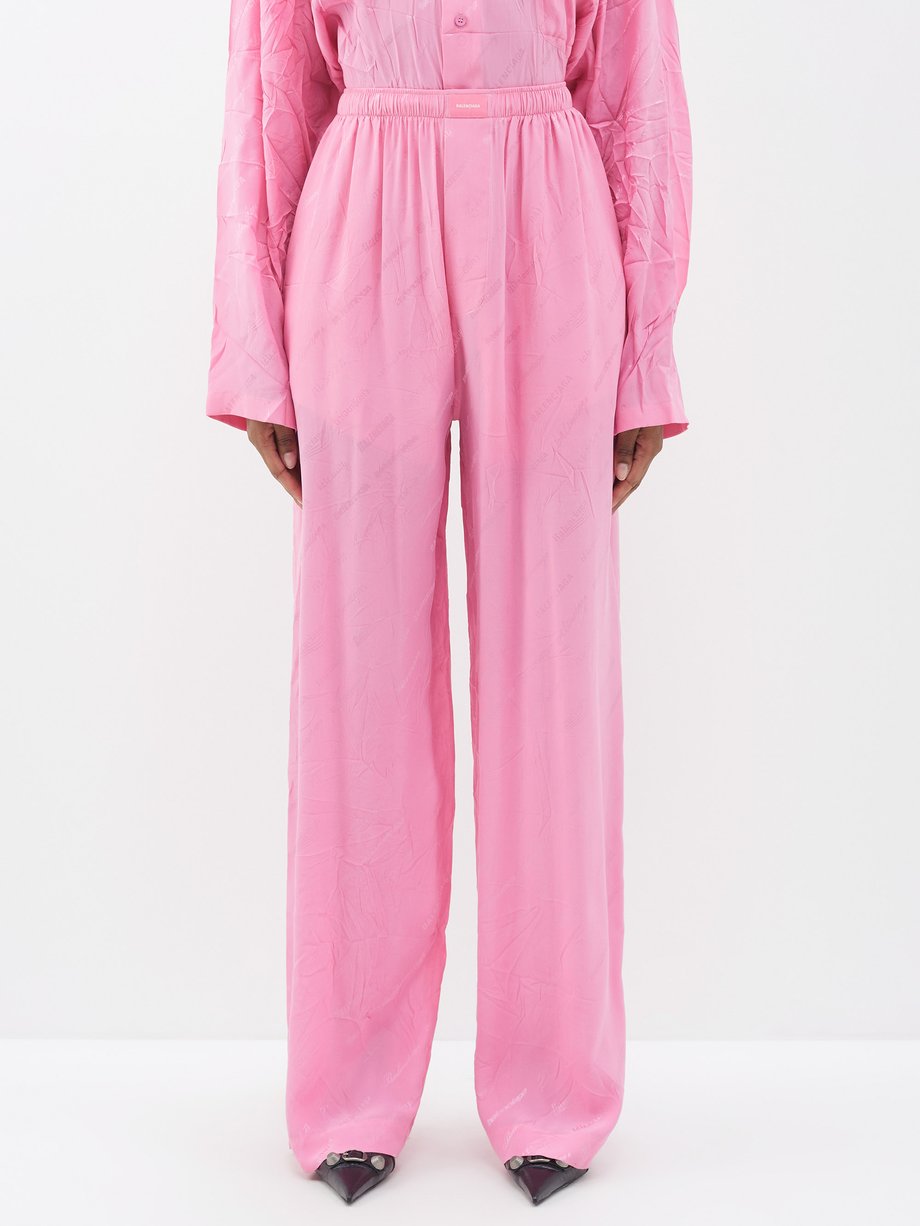 Balenciaga Pink Logo-jacquard crinkled-silk wide-leg trousers | 매치스패션 ...