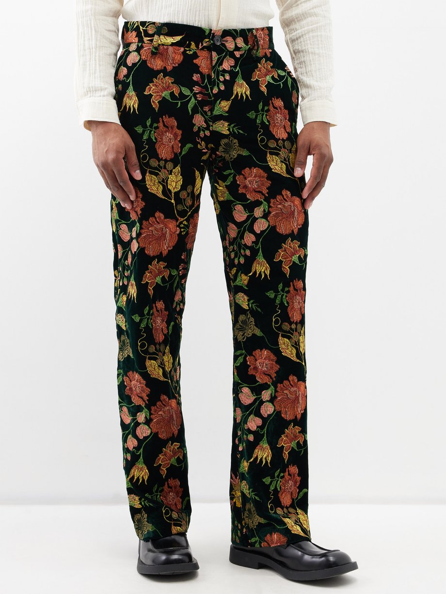 Green Richie floral-embroidered velvet trousers | Séfr | MATCHESFASHION US