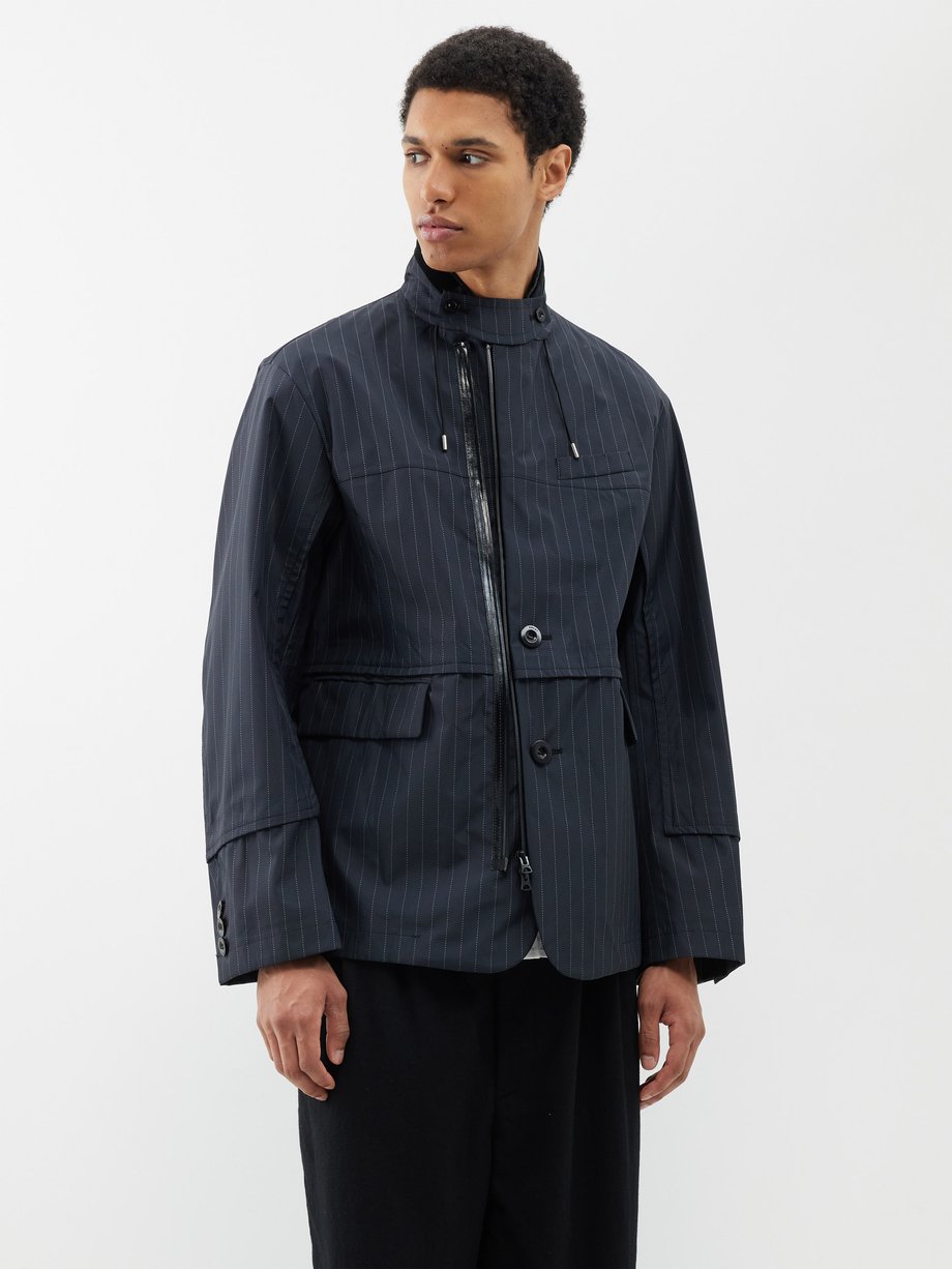 Navy Panelled pinstriped-taffeta jacket | Sacai | MATCHES UK