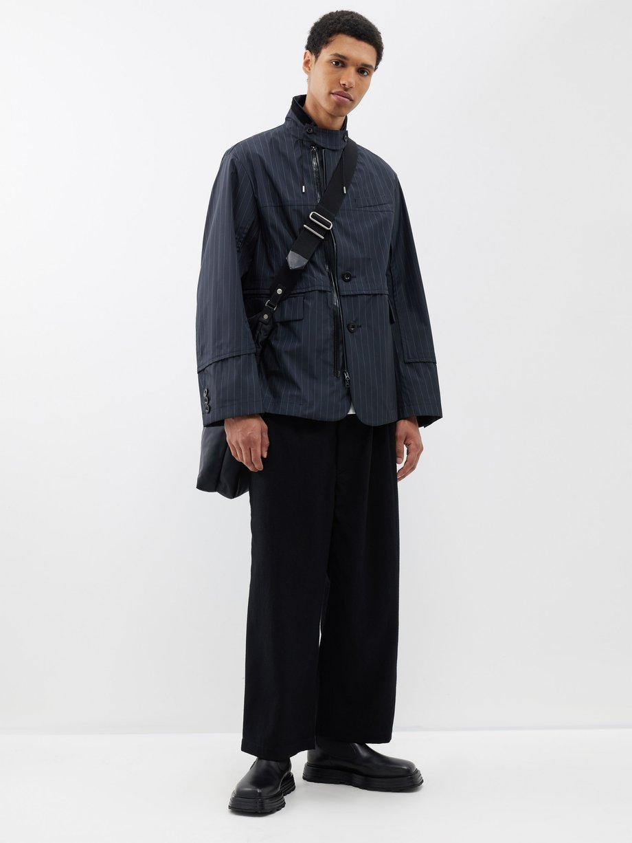 Navy Panelled pinstriped-taffeta jacket | Sacai | MATCHES UK