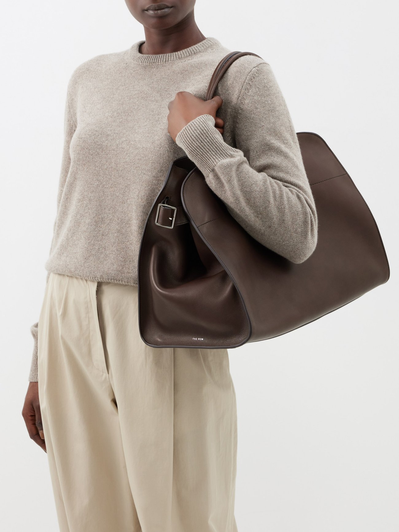 The Row Margaux 17 Large Leather Tote Bag in Brown