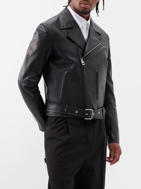 Navy Logo-patch leather biker jacket, Schott NYC