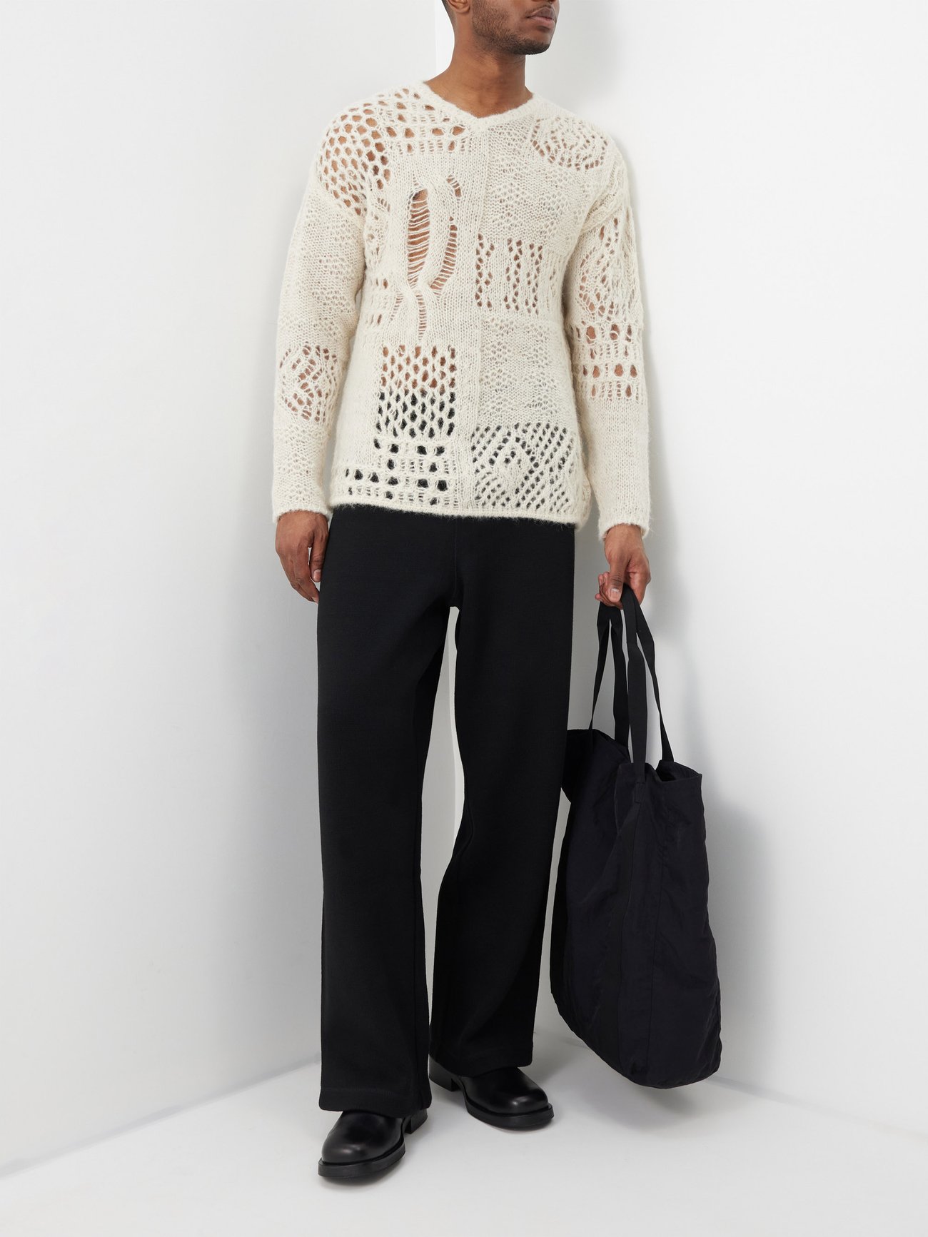 V-neck crochet-knit alpaca-blend sweater