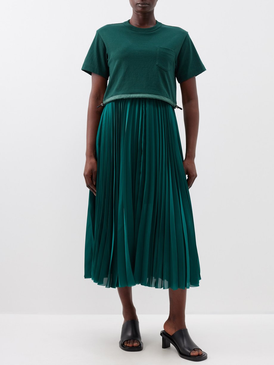 Green Pleated cotton-satin T-shirt dress | Sacai | MATCHESFASHION US