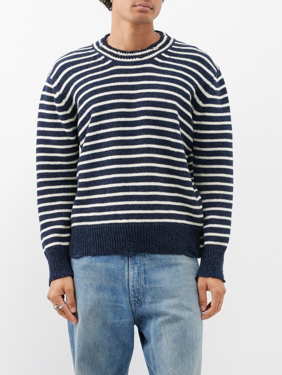 Navy Distressed-detail ribbed-knit wool sweater | AMI | MATCHES UK