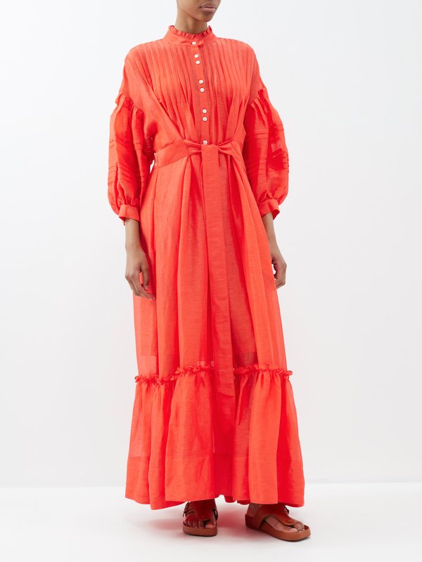 Red Lillian puffed-sleeve linen-blend maxi dress | Lee Mathews