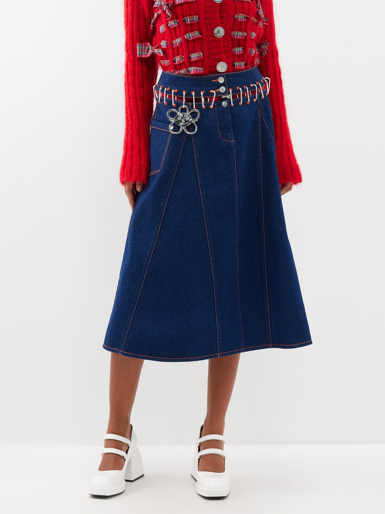 Chopova Lowena taps into 1980s rock-climbing tropes with the silver-tone carabiner embellishments on this blue denim Nosebutte midi skirt, highlighting the label's avant-garde aesthetic.