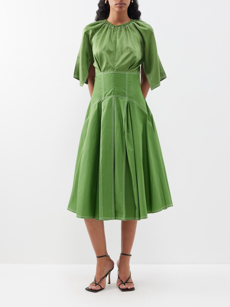 Green Gathered topstitched cotton-sateen midi dress | Lovebirds ...