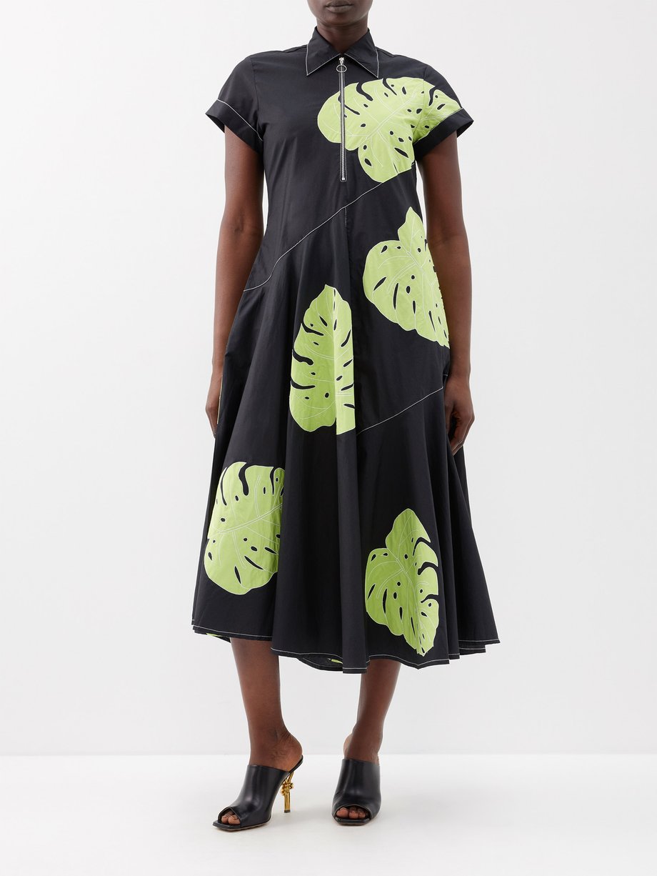 Black Leaf-print cotton midi dress | Lovebirds | MATCHES UK