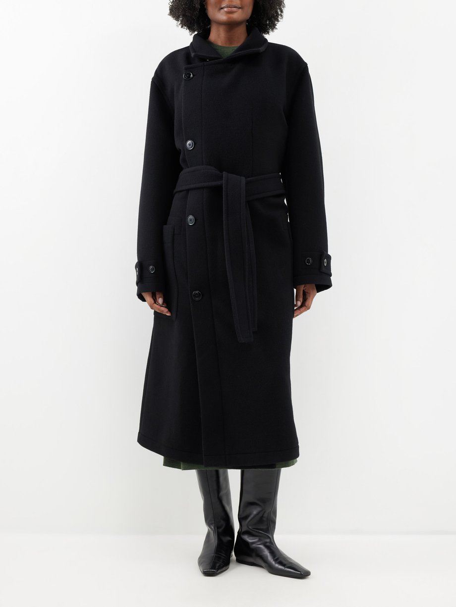 Black Asymmetric-button belted wool coat | Lemaire | MATCHESFASHION UK
