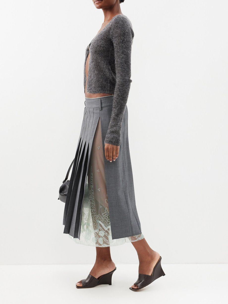 Grey Brone lace-panelled wool-twill pleated skirt | 16Arlington