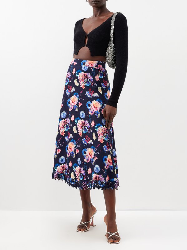 Rabanne Floral-print lace-trim crepe midi skirt