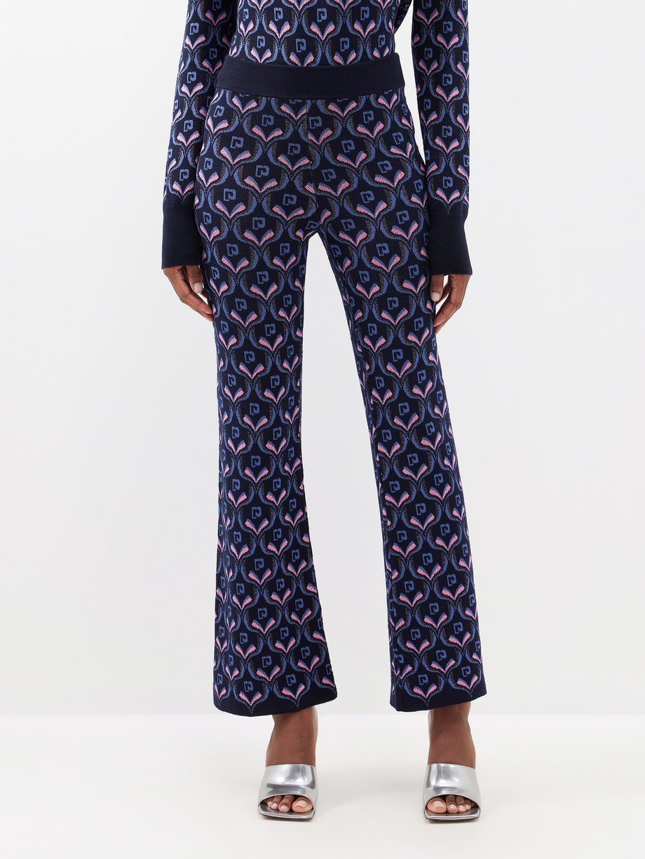 Navy Neon jacquard-jersey flared trousers, Rabanne