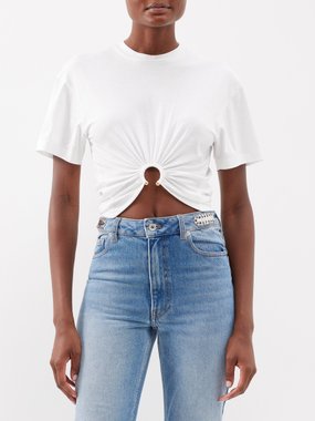 Rabanne Ring hardware ruched cotton-jersey cropped T-shirt