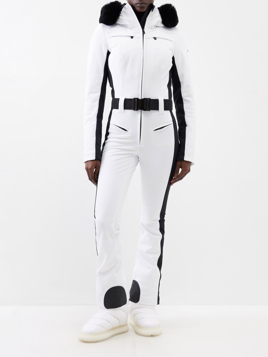 White Parry faux-fur belted ski suit | Goldbergh | MATCHES UK