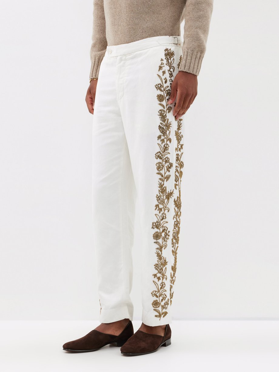 Neutral Flower-beaded silk-twill trousers | Bode | MATCHESFASHION UK