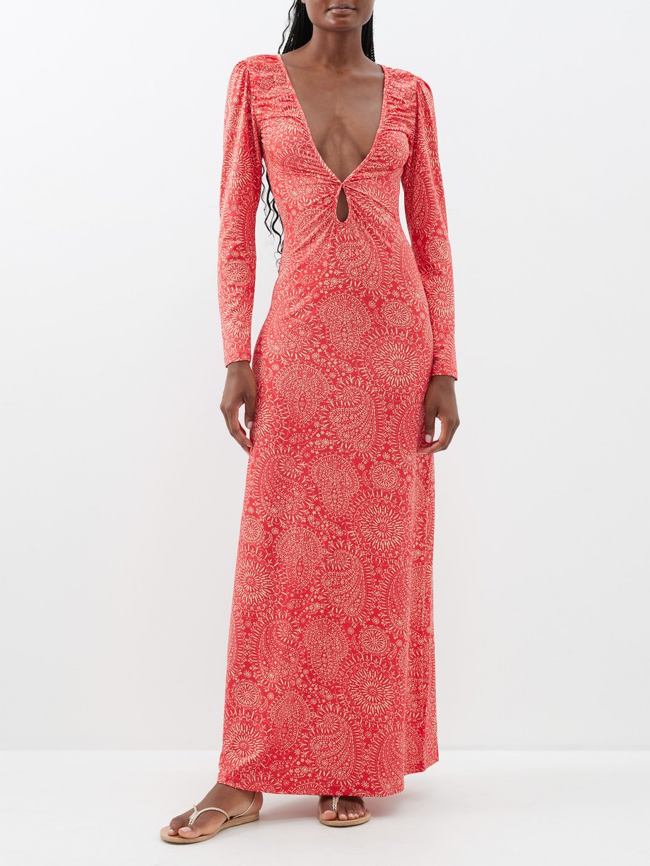 Red Diana plunge front printed jersey maxi dress Eywasouls