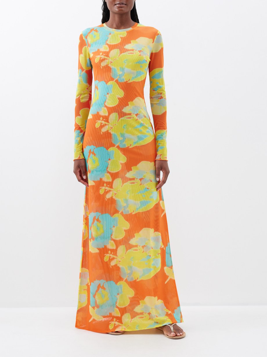 Orange Scarlett floral-print mesh maxi dress | Eywasouls Malibu ...