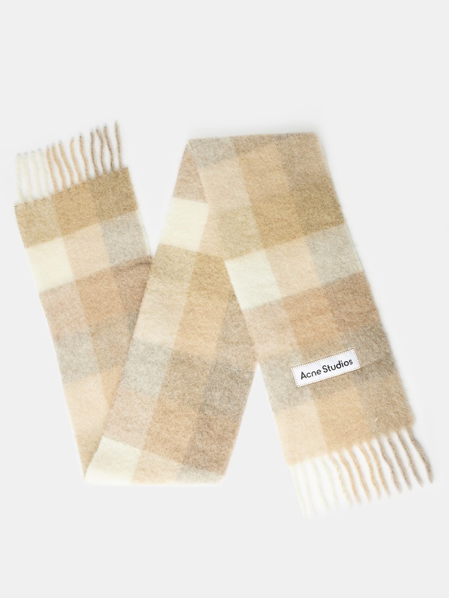 Beige Fringed check-jacquard felted scarf | Acne Studios ...