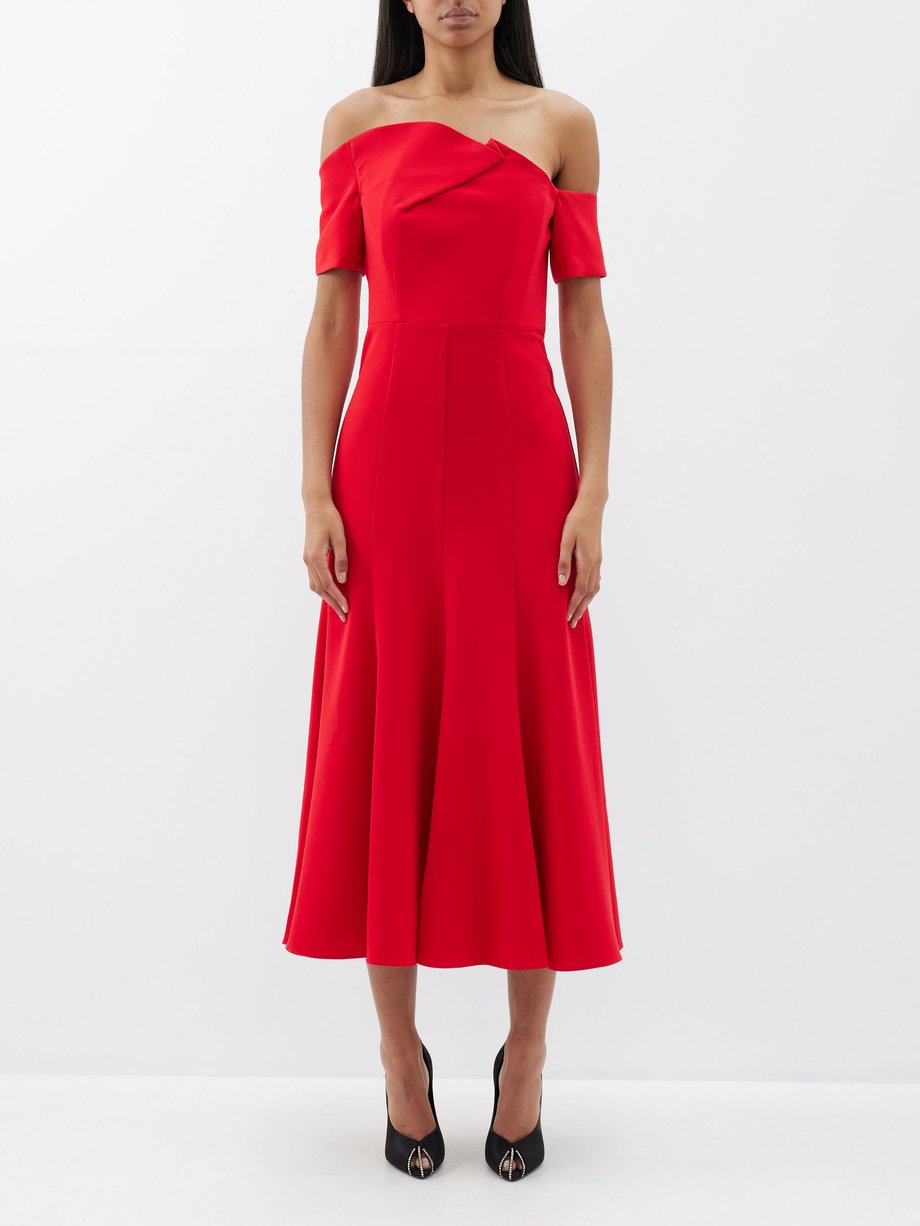 Red Asymmetric off-shoulder cady midi dress | Roland Mouret | MATCHES UK