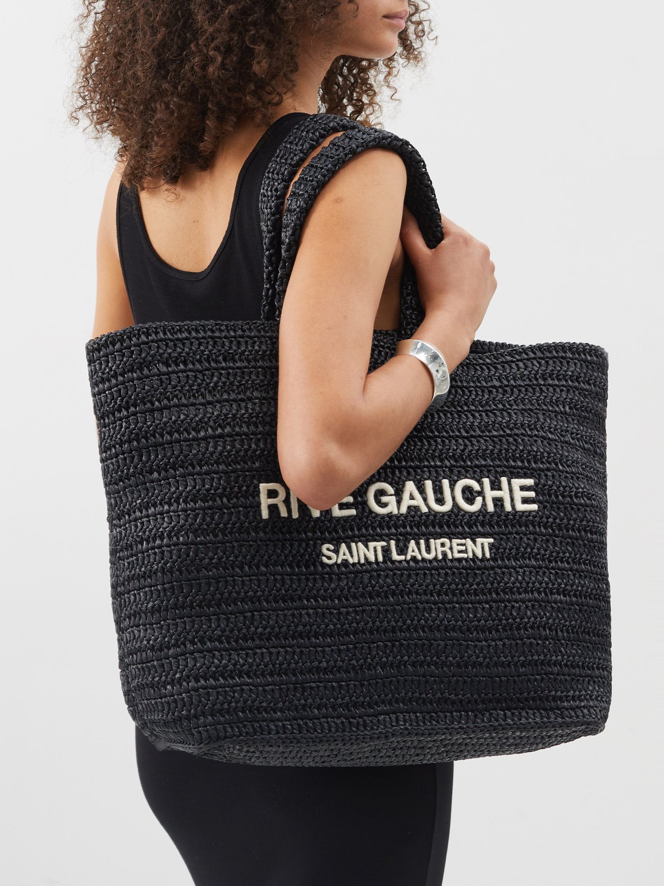 Saint Laurent Rive Gauche Leather And Faux-raffia Tote Bag in Black