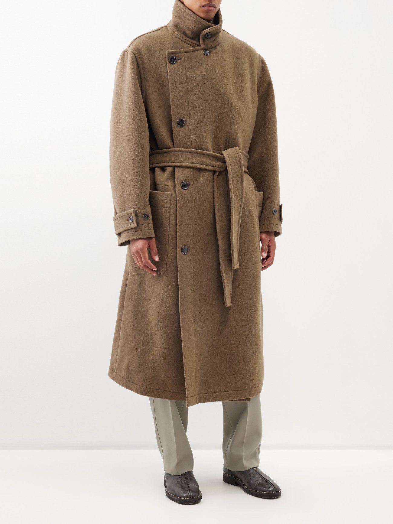 Oversized belted wool overcoat