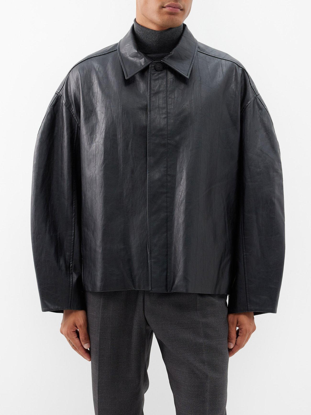 Blouson-sleeve oversized faux-leather jacket