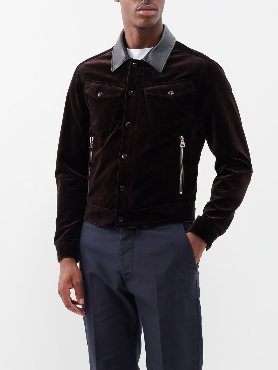 Brown Leather-collar flocked-denim jacket | Tom Ford | MATCHESFASHION UK