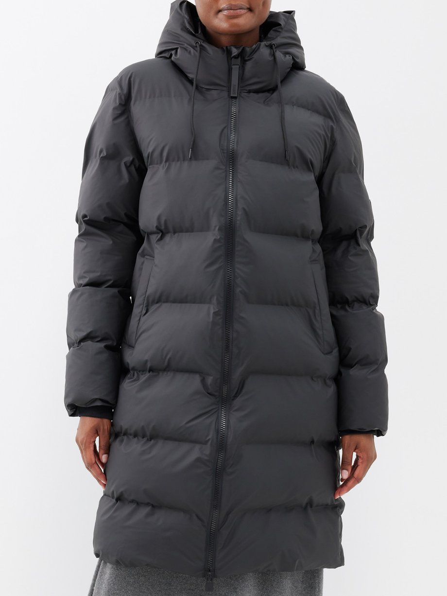Rains 블랙 Alta long waterproof hooded puffer jacket | 매치스패션, 모던 럭셔리 온라인 쇼핑