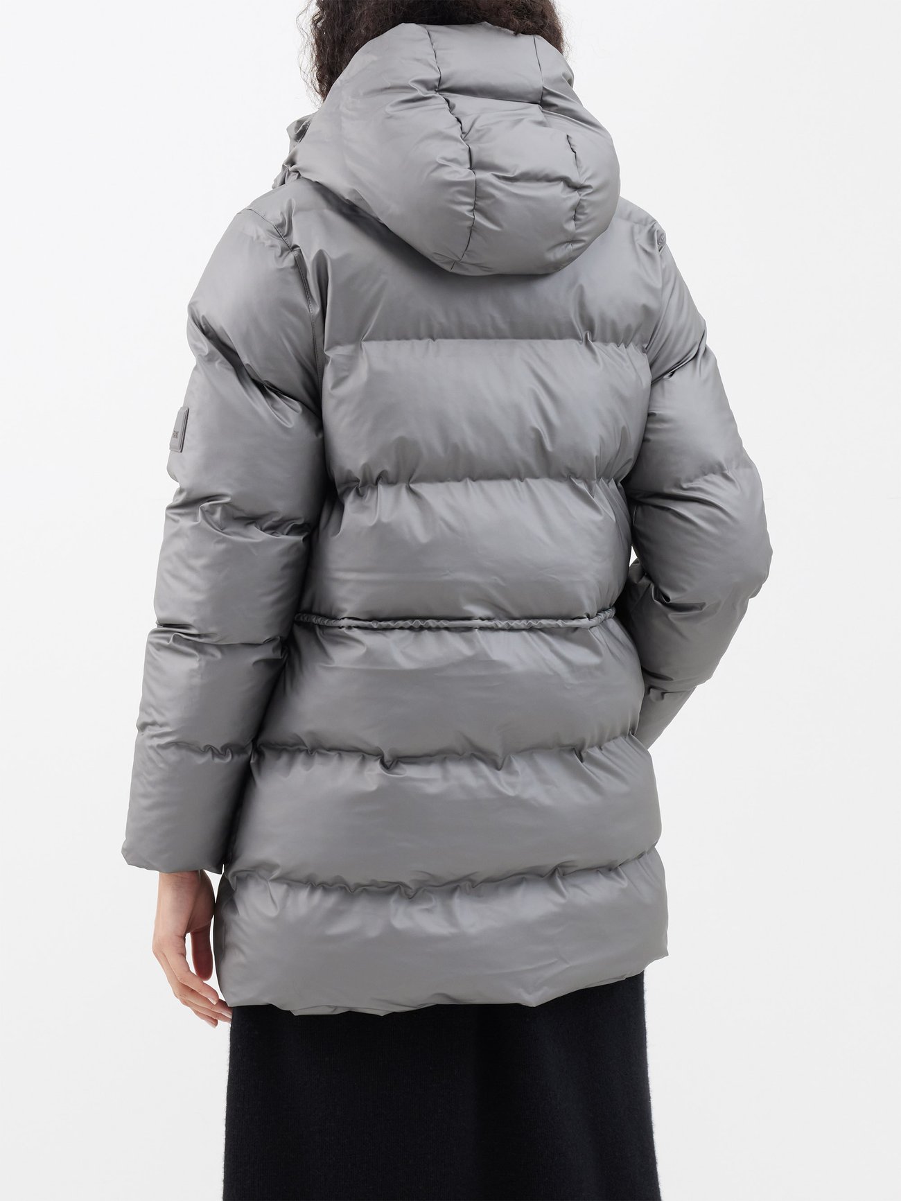 Rains® Alta Long Puffer Jacket in Metallic Grey for $515