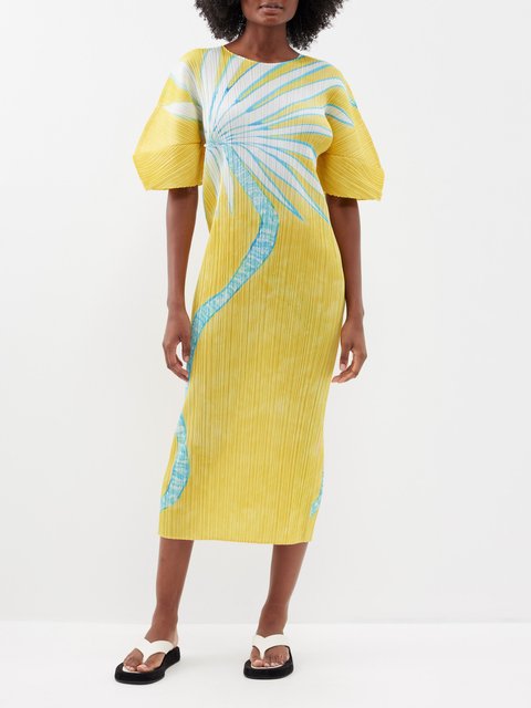 Yellow Palm-print technical-pleated midi dress | Pleats Please