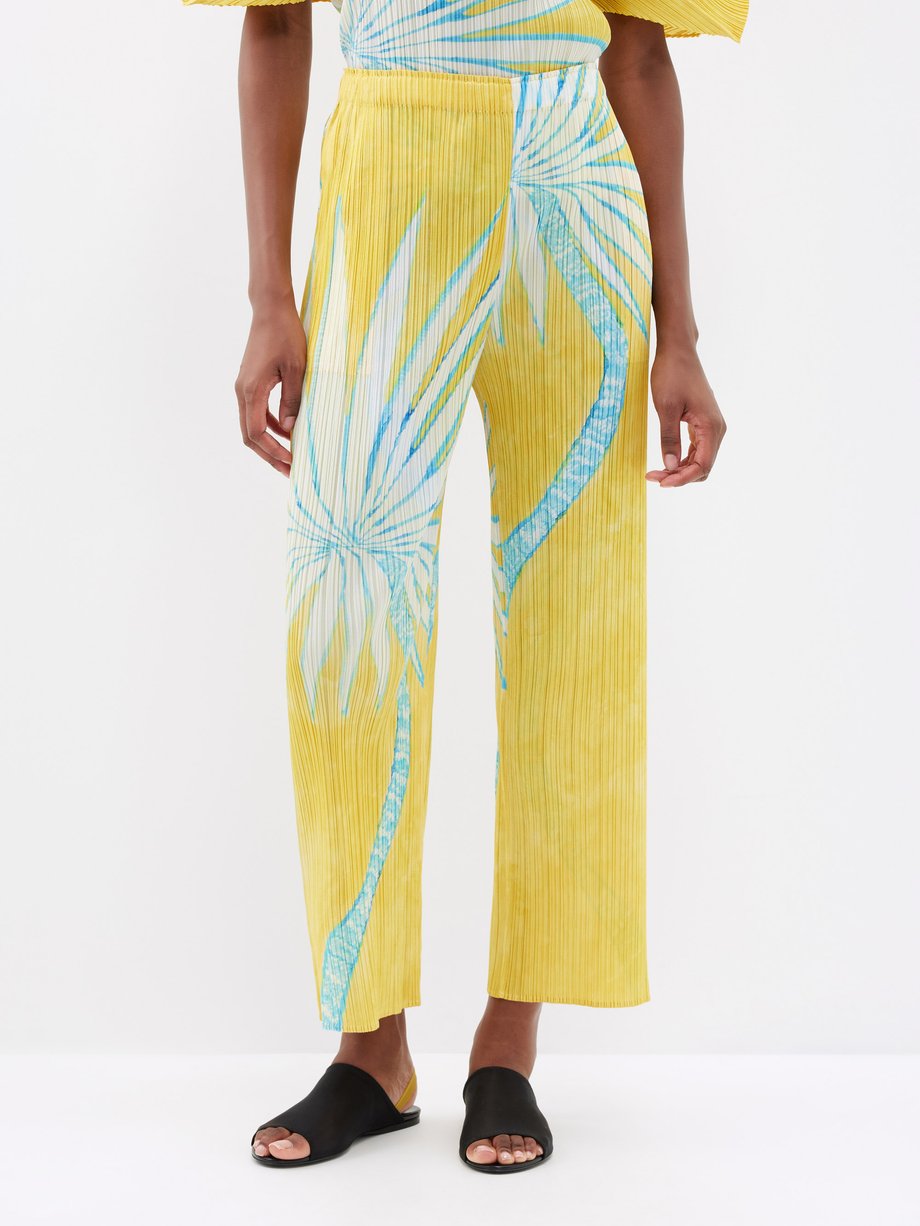 Yellow Palm tree-print technical-pleated trousers