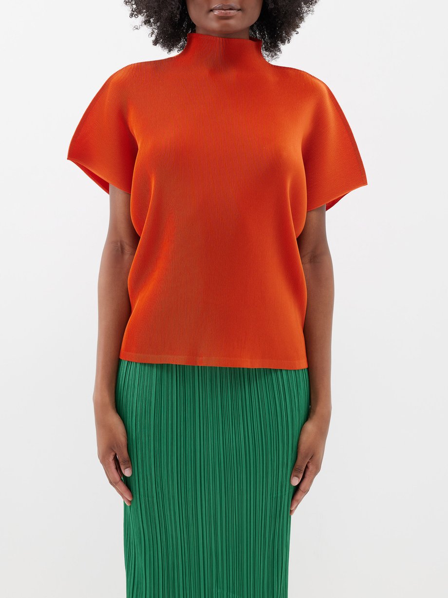 Orange High-neck technical-pleated top | Pleats Please Issey
