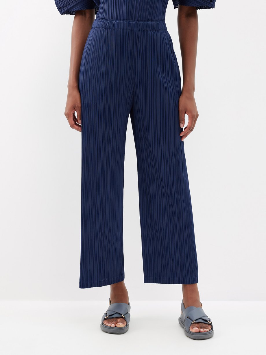 Navy Technical-pleated straight-leg trousers | Pleats Please Issey 