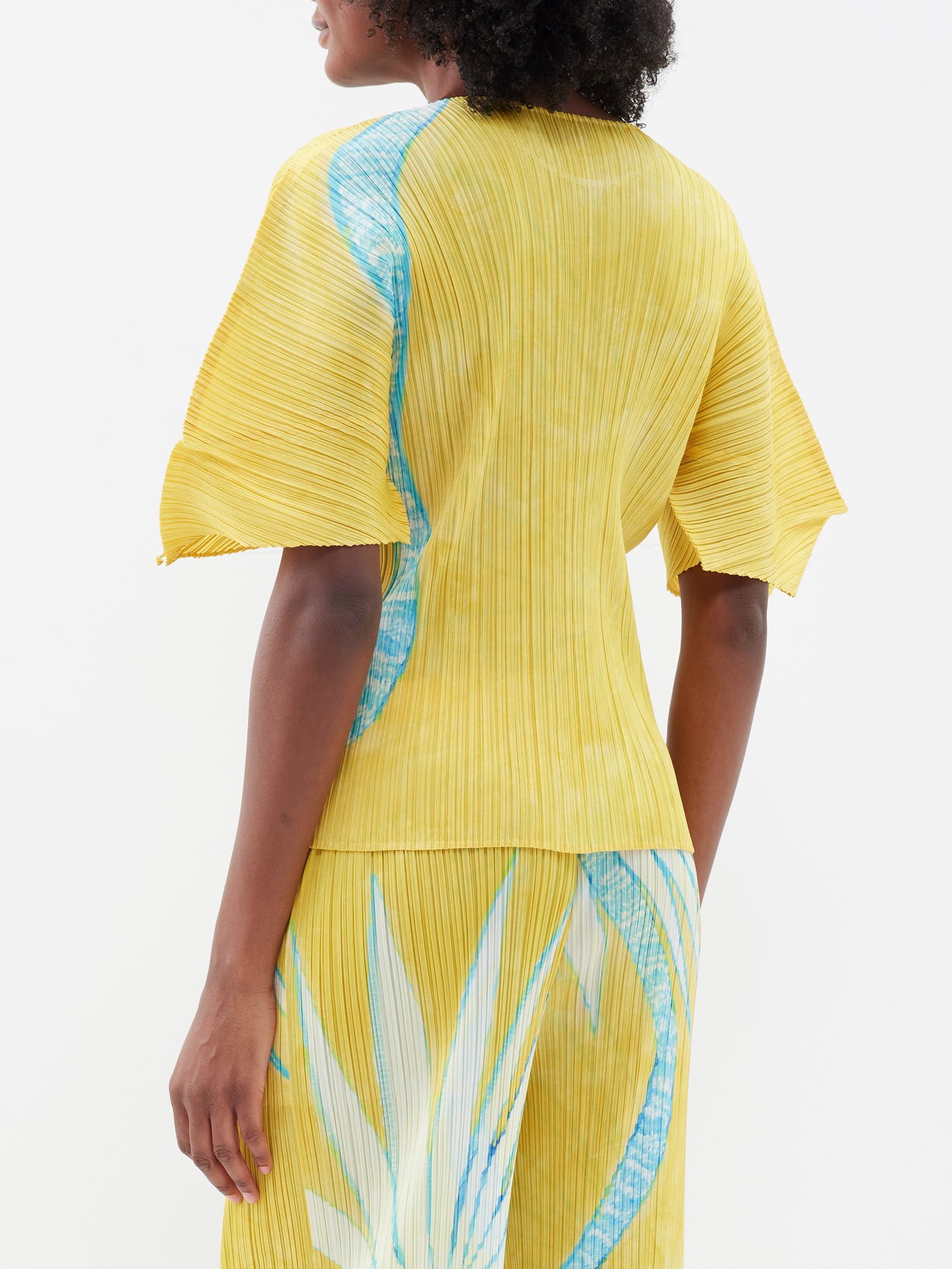 Palm tree-print technical-pleated top