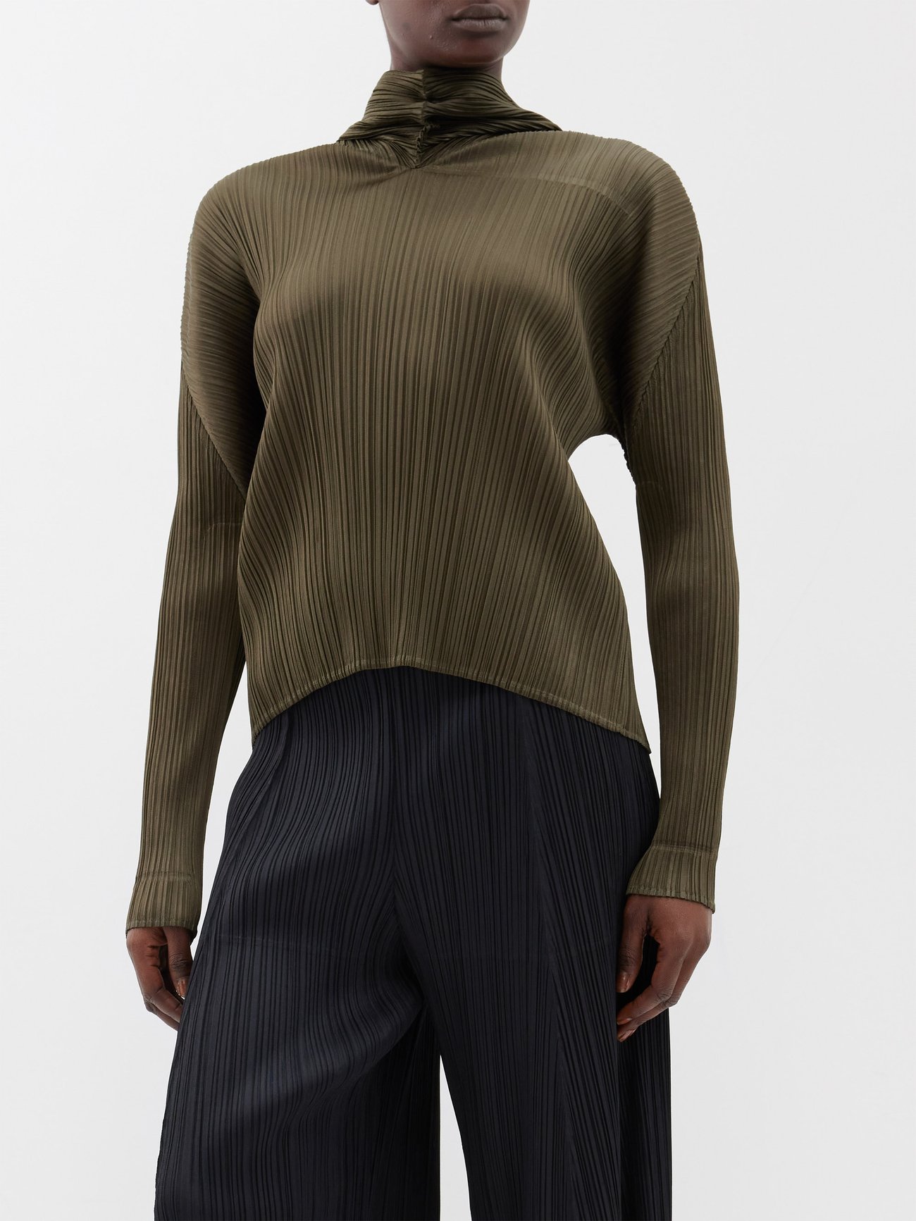 Pleats Please Issey Miyake // Olive Green Full-Zip Pleated Top