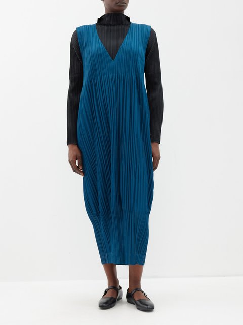 Blue V-neck technical-pleated midi dress | Pleats Please Issey 