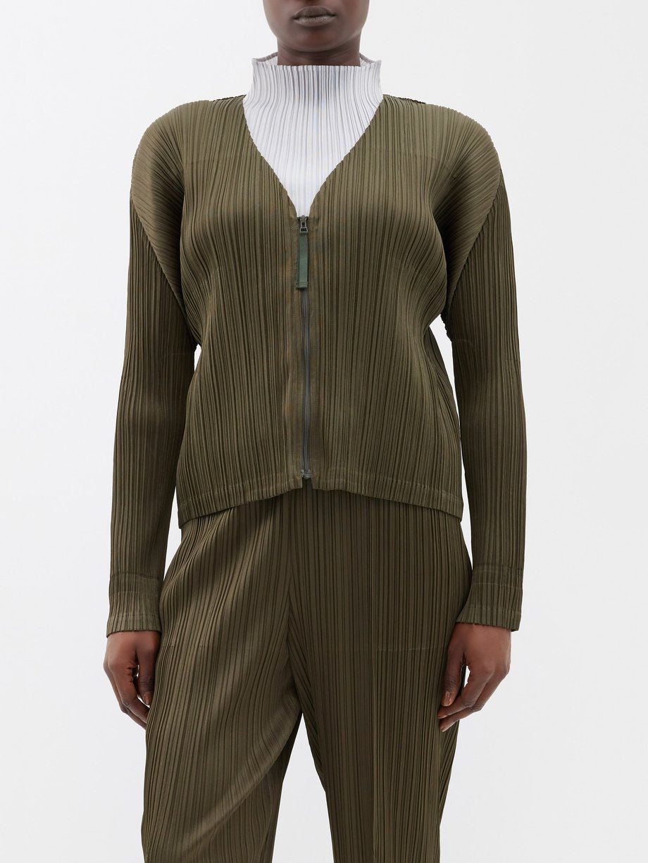 Green Technical-pleated zipped cardigan | Pleats Please Issey 