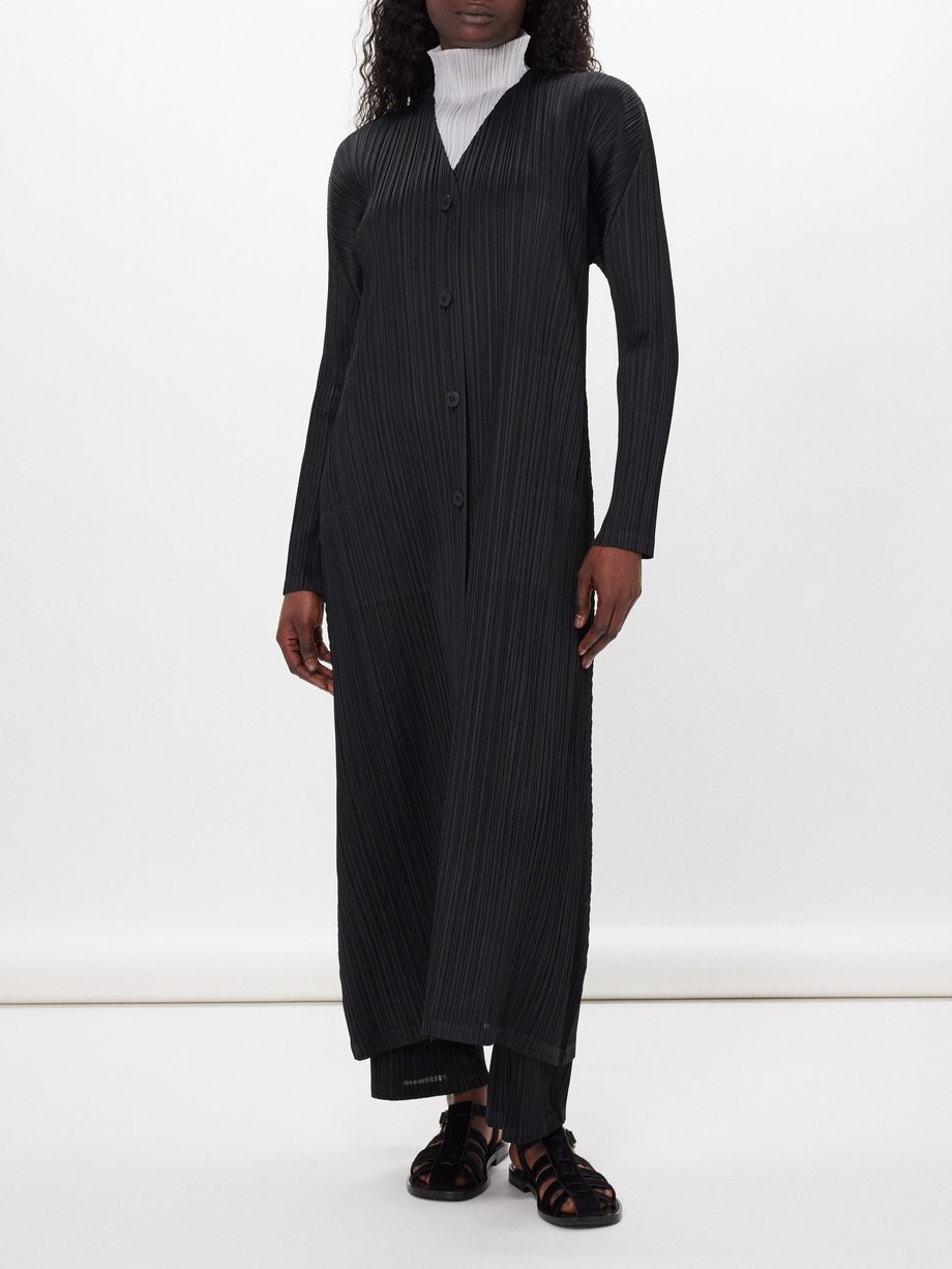 Black Technical-pleated long button-down day coat | Pleats Please