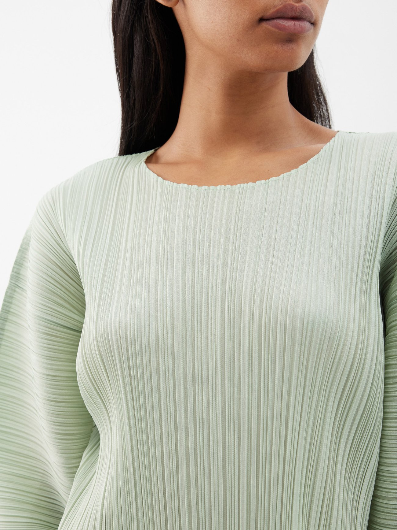 Light green Balloon-sleeve technical-pleated midi dress | Pleats 
