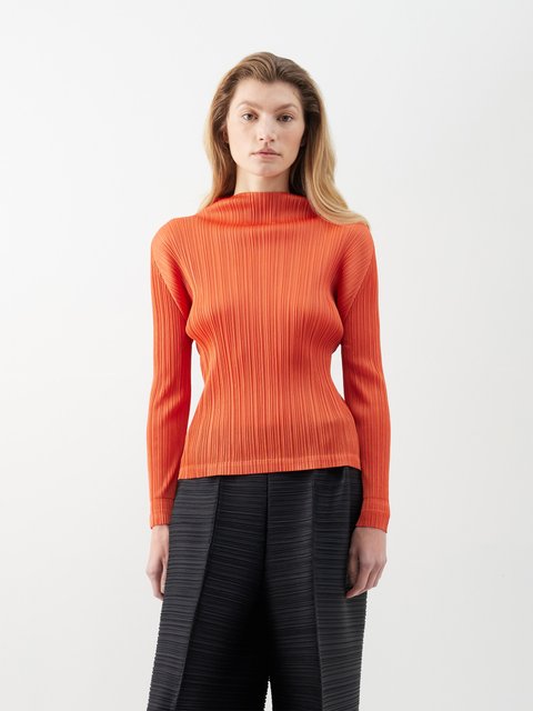 Orange High-neck technical-pleated top | Pleats Please Issey 