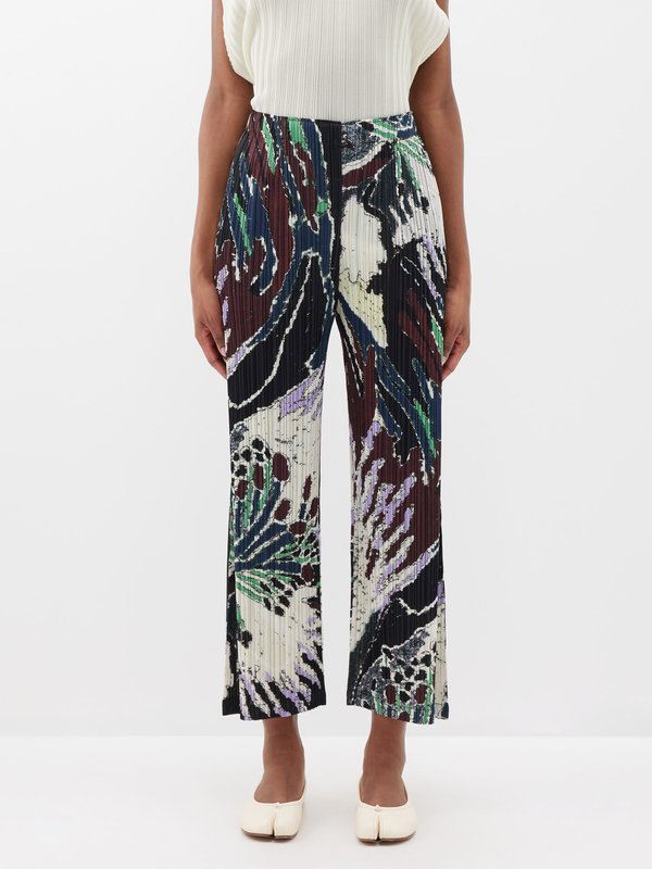 Pleats Please Issey Miyake Abstract-print technical-pleated jersey trousers